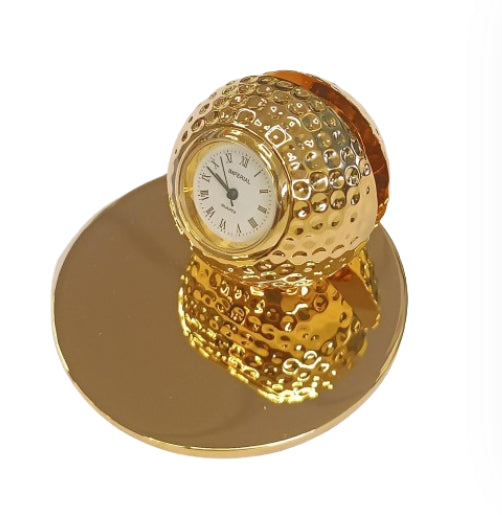 Miniature Clock Goldtone Plated Metal Golf Ball on Stand Solid Brass IMP73G- CLEARANCE NEEDS RE-BATTERY