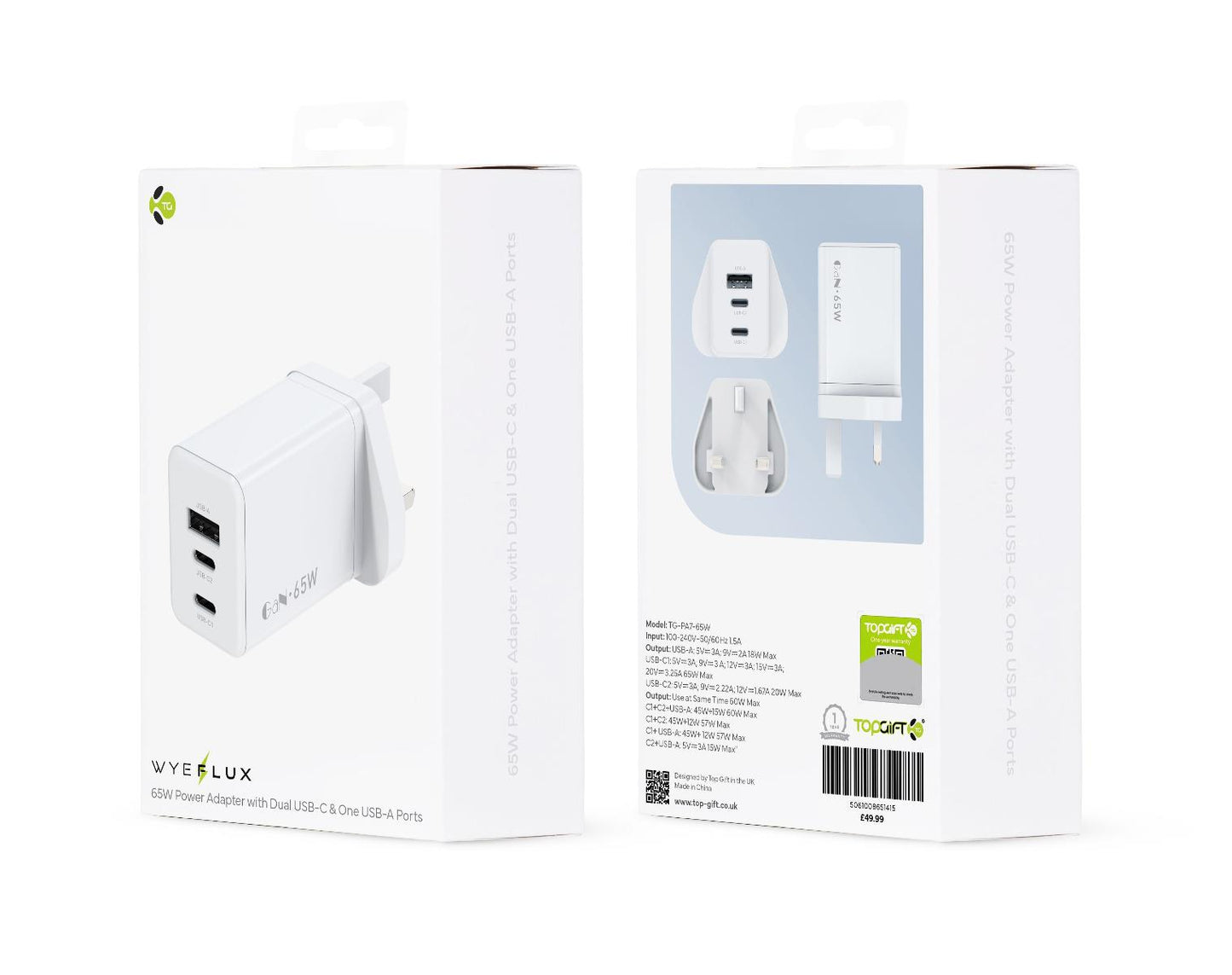 Power Adapter With Dual USB-C & One USB-A Ports 65W WYEFLUX