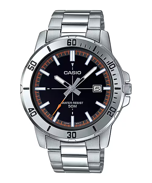 Casio Mens Silver Stainless Steel Black Dial Analogue Watch MTP-VD01D-1EVUDF