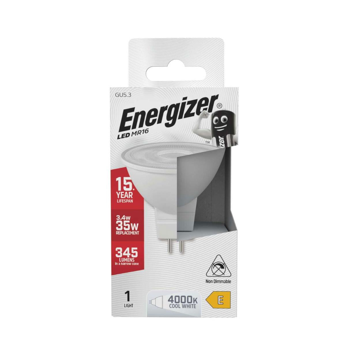 S8833 Energizer LED MR16 GU5.3 345lm 3.4W 4,000K, Cool White