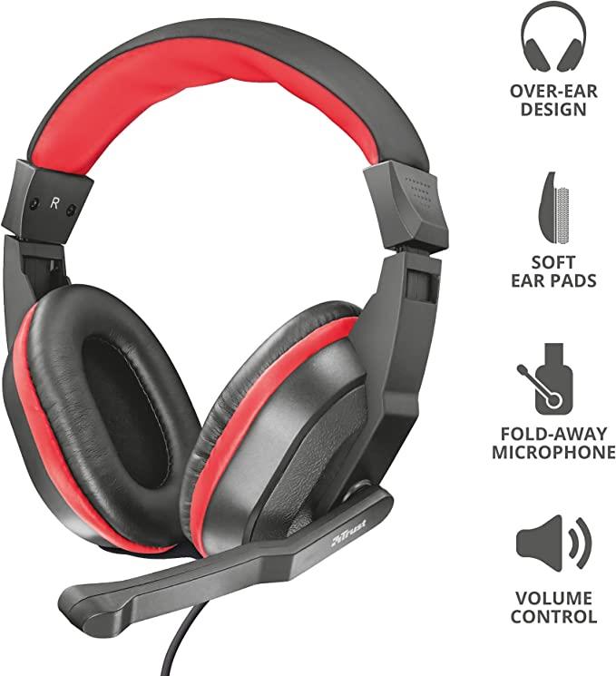 Trust Gaming Ziva Over-Ear Gaming Headphones with Retractable Microphone, Black / Red (30 PC Carton)