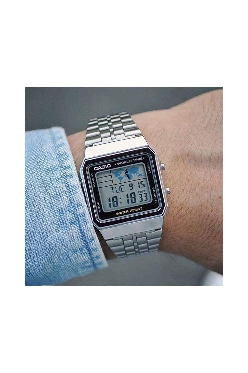 Casio Mens Vintage Classic Digital Silver-Tone World Time Bracelet Watch A500WA-1ACF