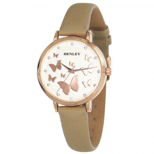 Henley Women's Rose Gold Butterfly Caramel Leather Strap Watch H06172 Available Multiple Colour