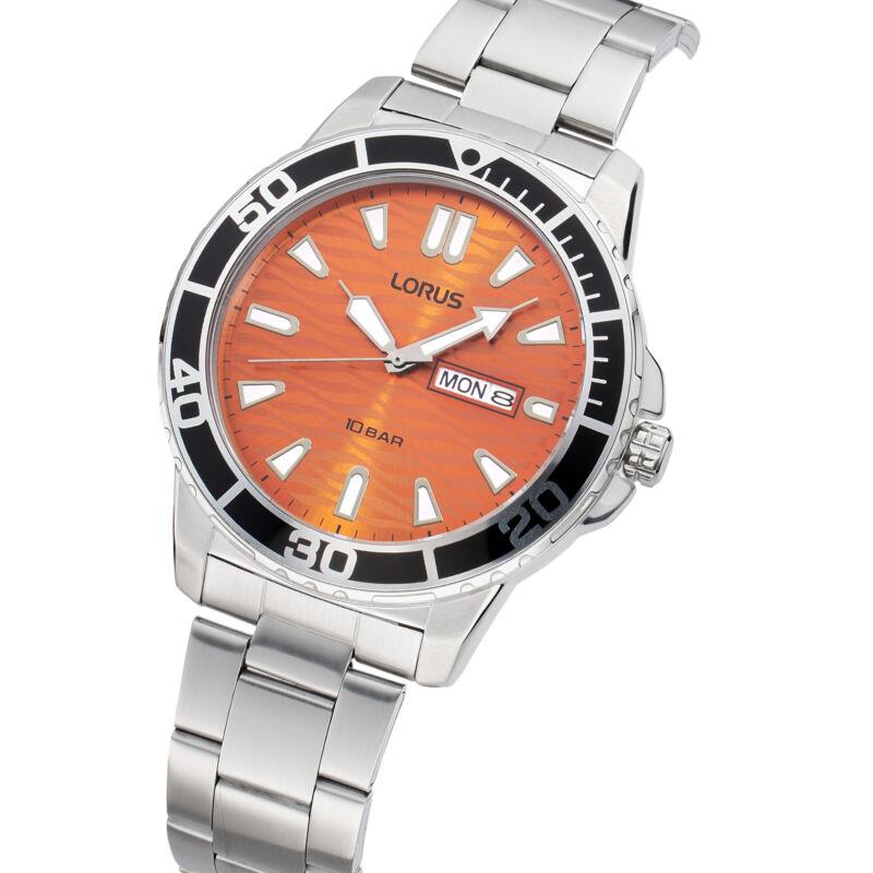 Lorus Mens Sports Day Date Orange Dial Seigaiha-mon With Stainless Steel Bracelet Watch RH361AX9