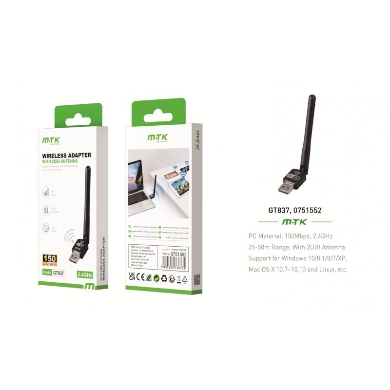 MTK Mini USB Wifi Adaptor with Antenna 2DBI, 150Mbps, Black