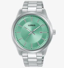 Lorus Mens Basic Fashion Date Mint Green Sunray Dial Silver Plated Stainless Steel Bracelet Watch RH931RX9