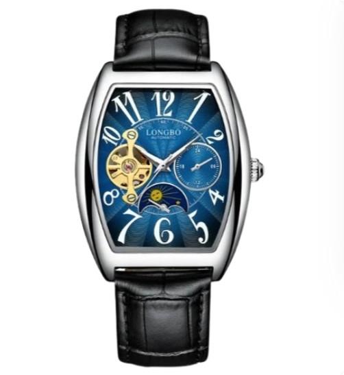 Longbo Mens Automatic Hollow mechanical Dial Analogue Silver/Black Leather Strap Watch NY London