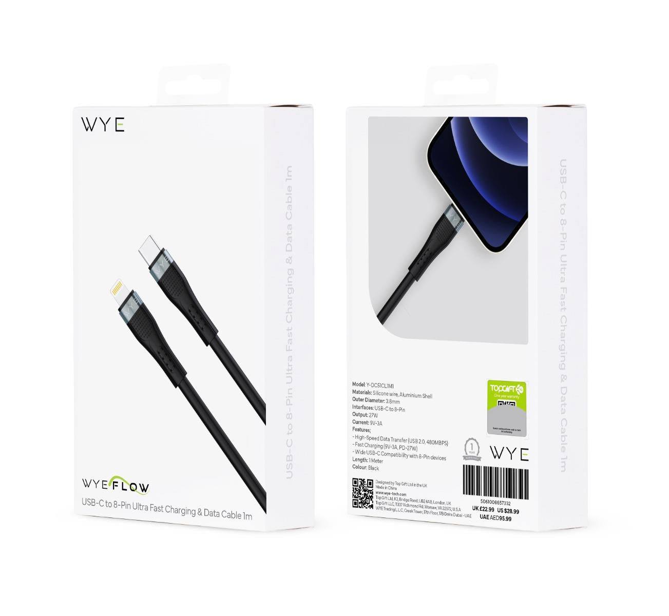 Fast Charging Wyeflow 27W C to 8 Pin Charging Cable with Ultra Fast Data Transfer Capacity 1m Black