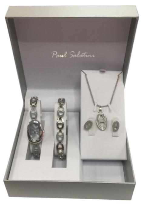 Paul Salatini Ladies Fashion Bling Dial Silver Bracelet Watch Bracelet, Necklace & Earrings Gift Sets 2541
