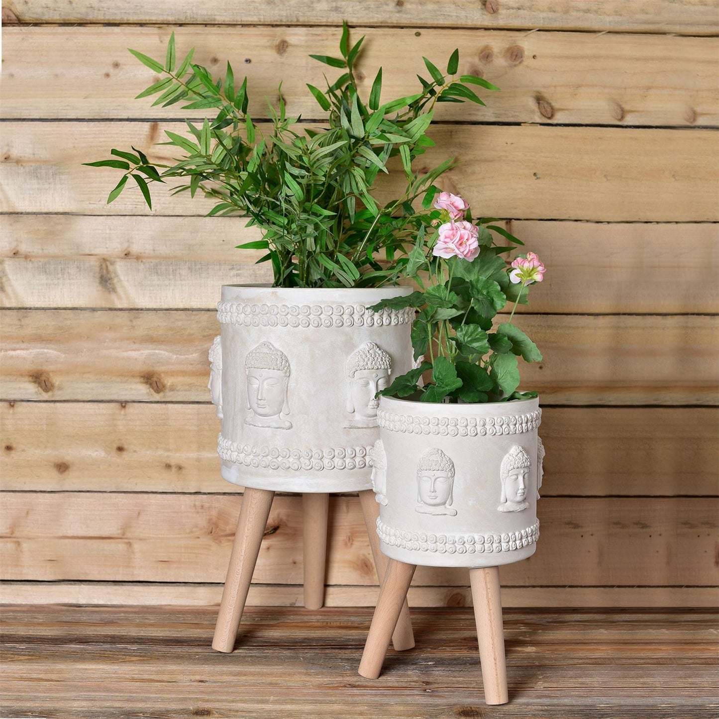 Light Grey Buddha Planter with Wooden Legs 40.5cm