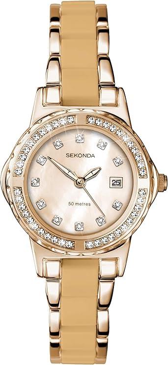 Sekonda Ladies Fashion Date Bling 29mm Stone Case with 2 Tone Bracelet Watch 2895