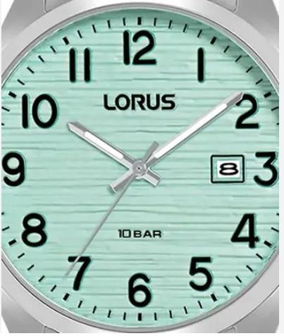 Lorus Mens Basic Fashion Date Light Green Textured Dial Silver Plated Stainless Steel Bracelet Watch RH909RX9
