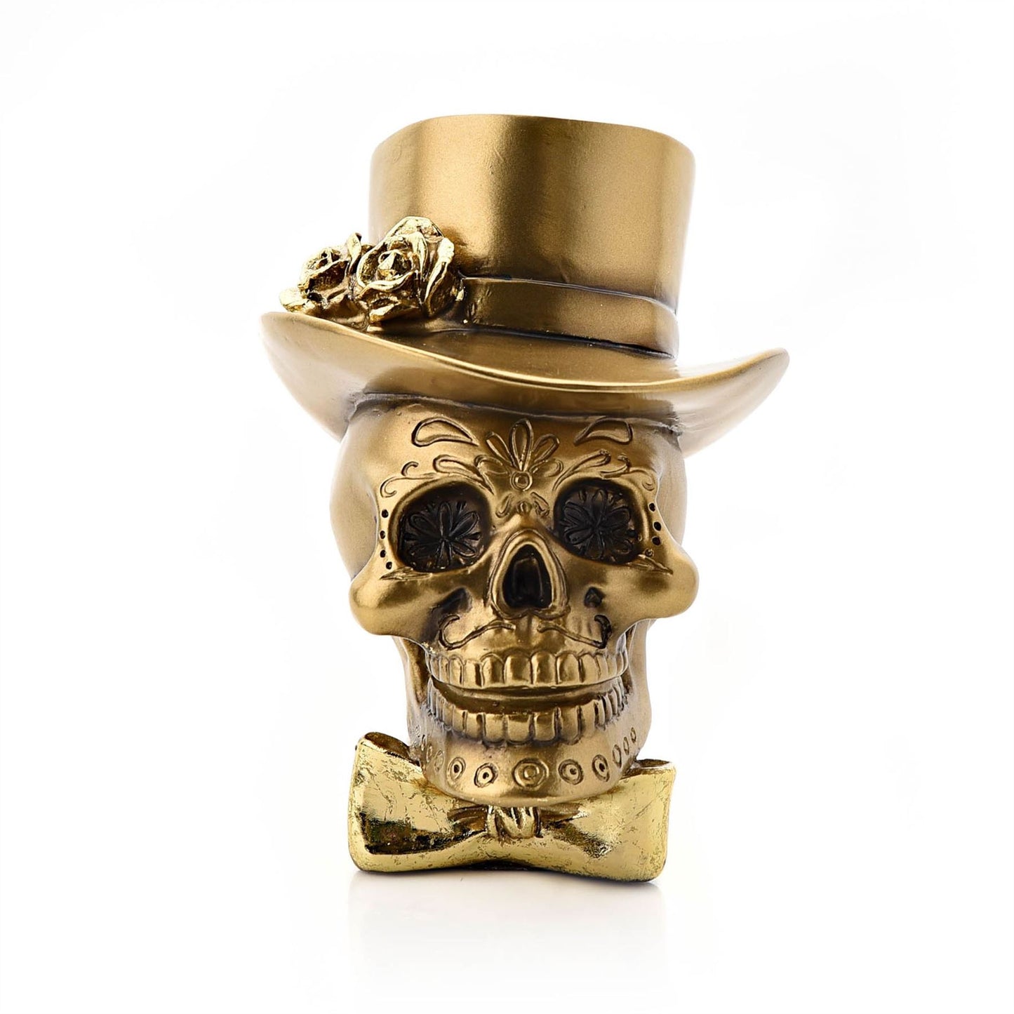 Gold Skull with Top Hat Resin Figurine