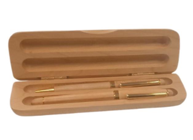 Imperial Wooden Light Brown Gold Trim 2 Ball Pens With Handmade Wooden Box Gift Set IMP310R - CLEARANCE MIGHT NEEDS RE-REFILL