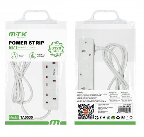 1 Meter 4 Gang UK Extension cord and socket with neon, 13 Amp, B04N, White