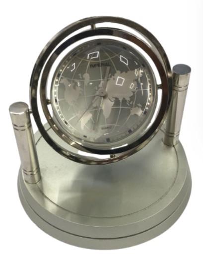 Miniature Clock Globe with Display Photo or Logo Silvertone Plated Solid Brass IMP422-AL - CLEARANCE NEEDS RE-BATTERY