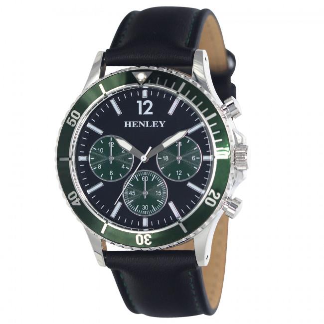 Henley Mens Polished Round Sports Case with Leather Strap Watch H02210 Available Multiple Colour