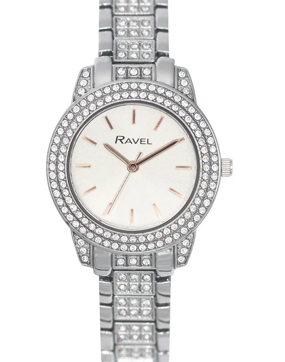 Ravel Plus Ladies Round Cased Stone Set Jewellery Silver Dress Watch