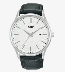 Lorus Mens Date White ‘Moon’Dial Black Leather strap Watch RH937QX9