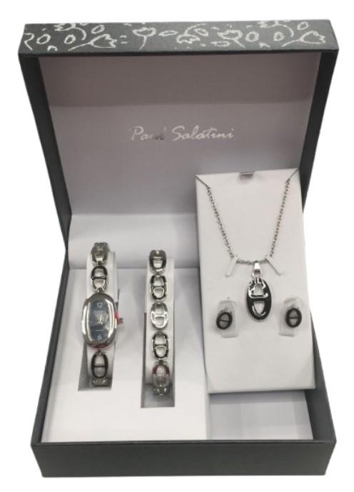 Paul Salatini Ladies Fashion Bling Dial Silver Bracelet Watch Bracelet, Necklace & Earrings Gift Sets 2541