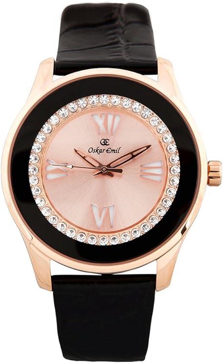 Oskar Emil Ladies Ruby Black Bling Rosegold Dial with Black Leather Strap Watch CLEARANCE - NEEDS RE-BATTERY
