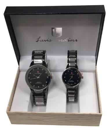 Luis Cardini Couple Mens & Ladies Round Black Dial 2 Tone Bracelet Watch Gift Set