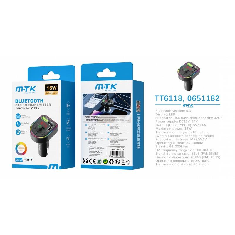Bluetooth FM Transmitter, BT V5.3 with RGB Lights, Hands Free, Dual USB & PD 15W, Black TT6118