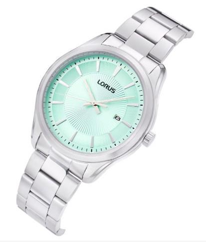 Lorus Mens Basic Fashion Date Mint Green Sunray Dial Silver Plated Stainless Steel Bracelet Watch RH931RX9