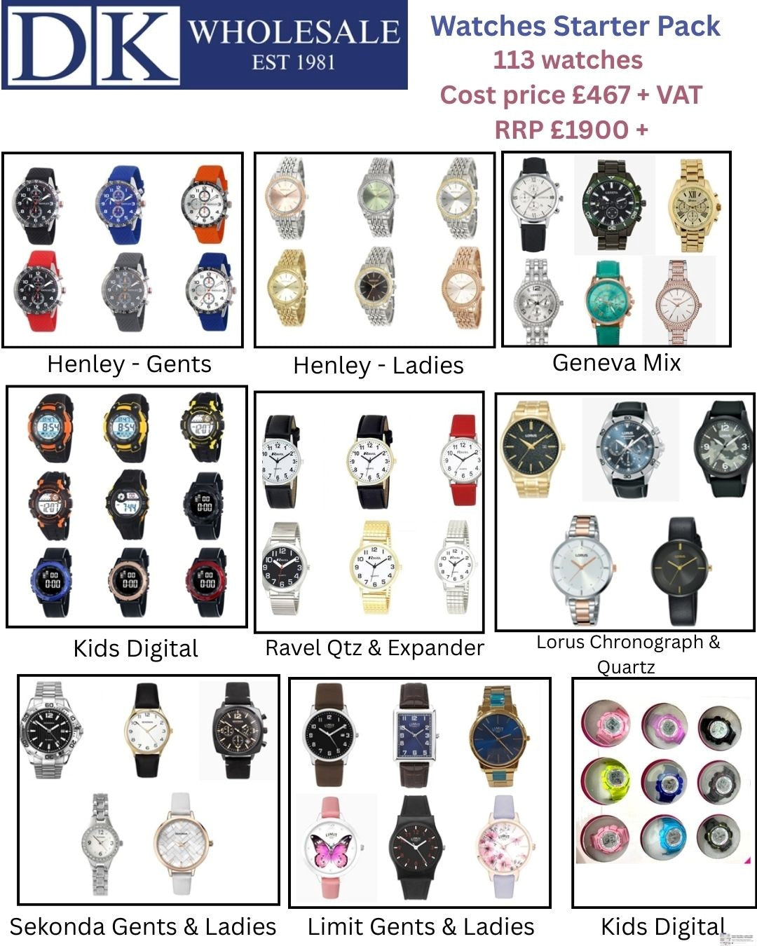 Starter Pack Men's, Ladies & Kids Quartz, Expanders, Chronograph Watches.