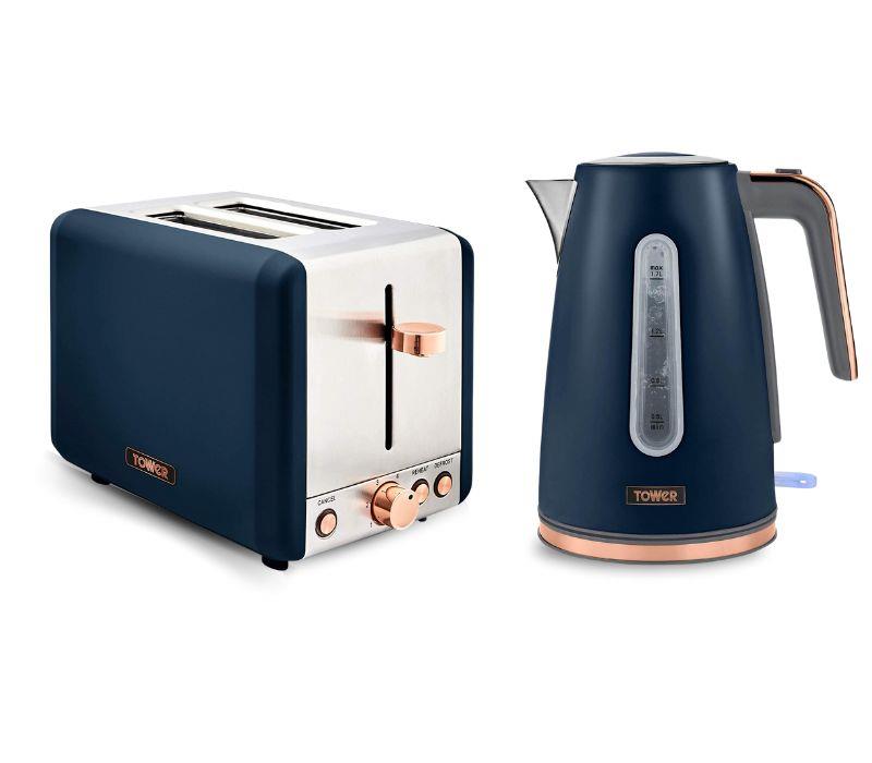 Tower Cavaletto Jug Kettle & 2 Slice Toaster Set - Midnight Blue & Rose Gold