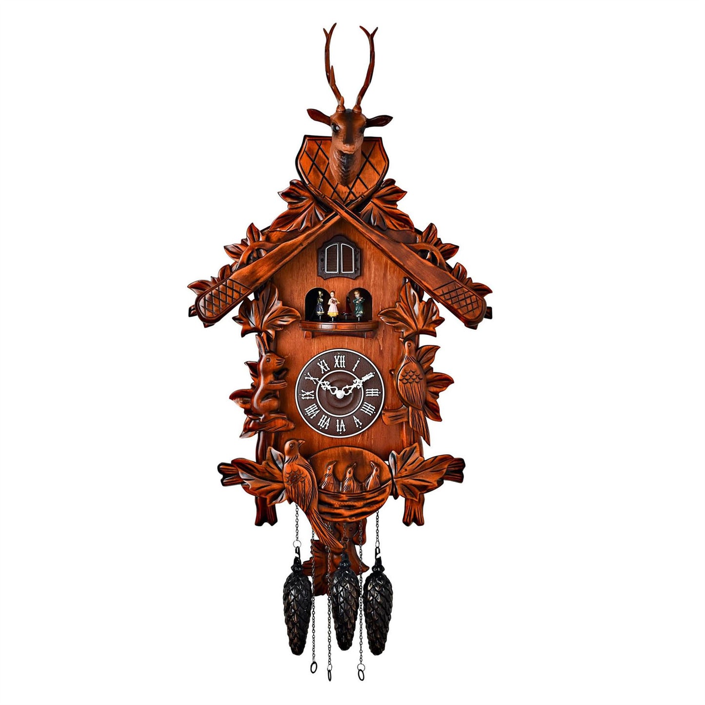 Qtz Cuckoo Clock - Lrg Wooden with Roundabout - 2 birds/Stag