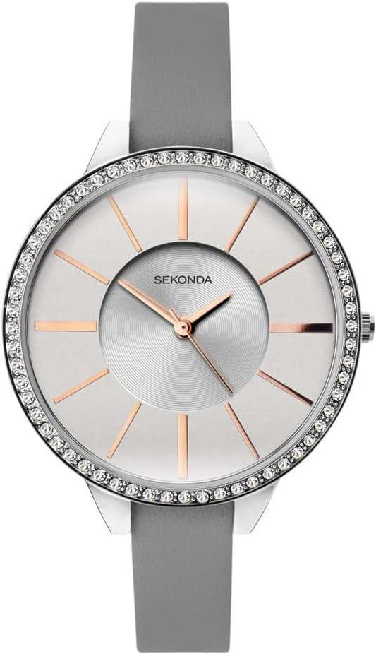 Sekonda Ladies Editions Watch with Silver Glitter Dial and Grey Strap 40007