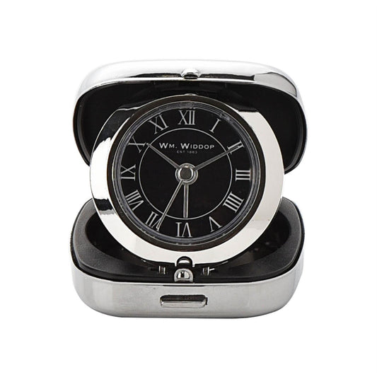 Wm Widdop Chrome Fold up cushion shape Black Dial Alarm Clock