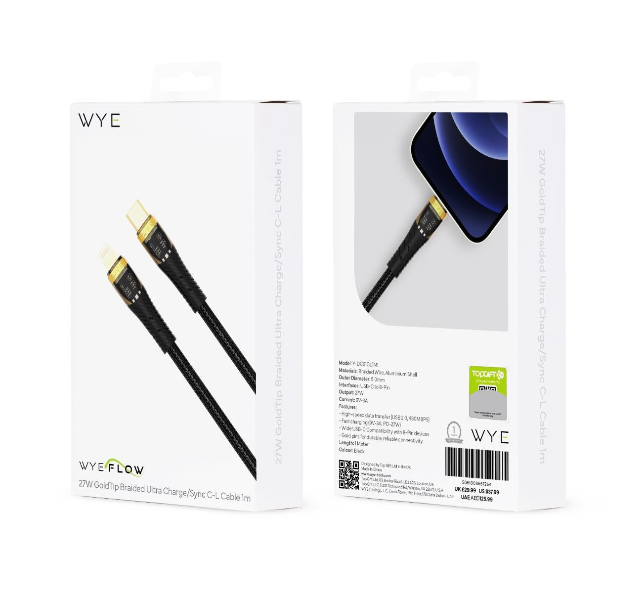 Wyeflow 27W GoldTip Braided Fast Charge/Sync C to 8 Pin Cable 1m