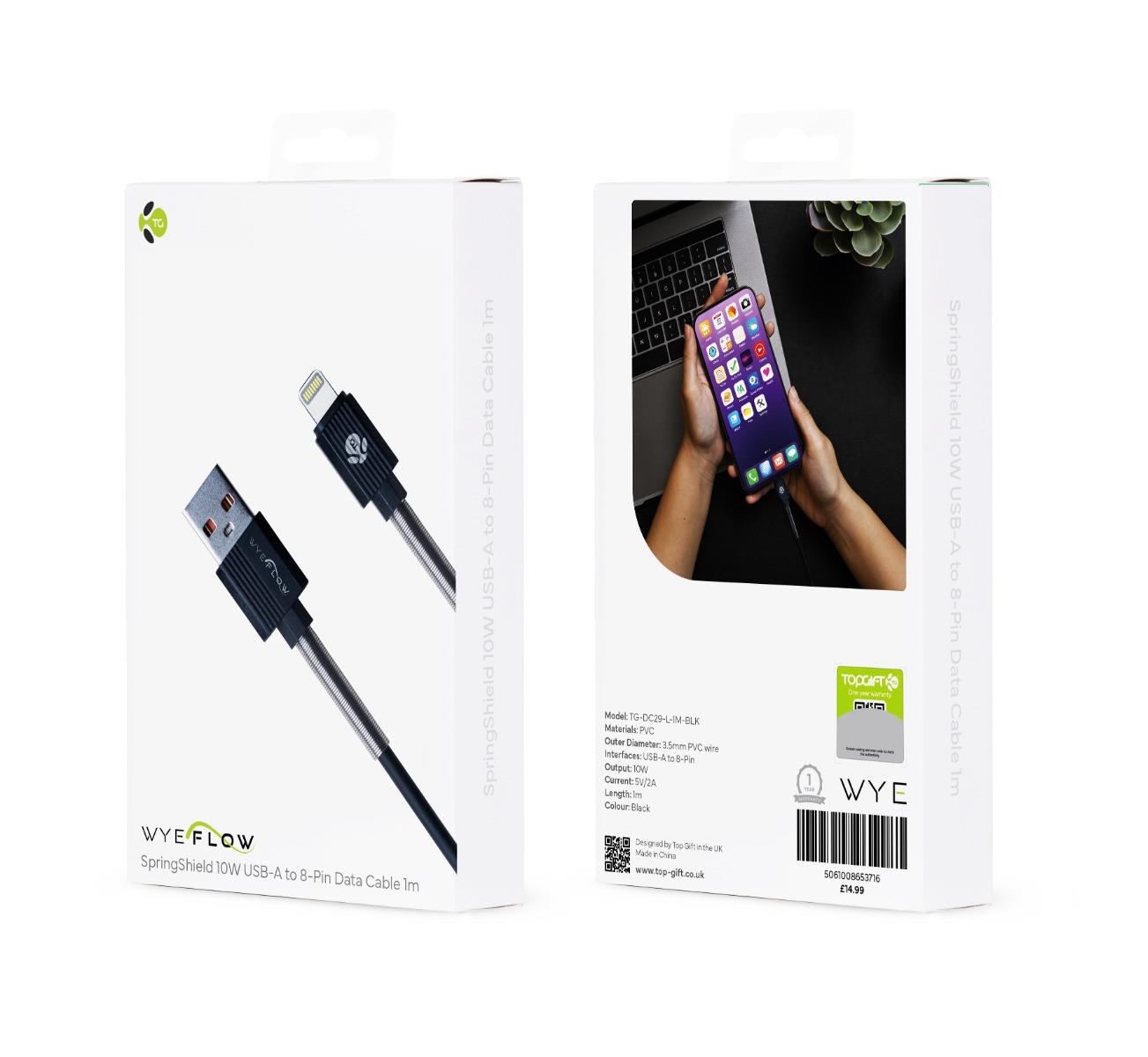 WYEFLOW SpringShield 10W USB-A to 8-Pin Data Cable 1m