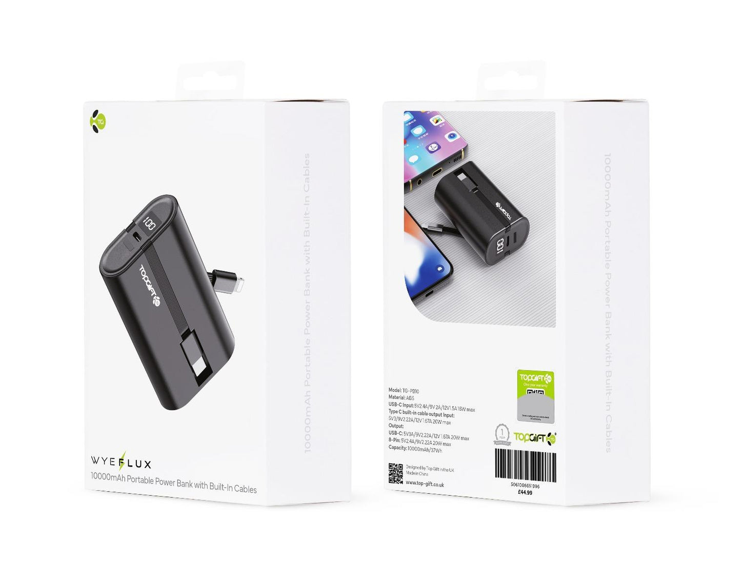 Portable Power Bank With Built-In Cables 10000mAH WYEFLUX