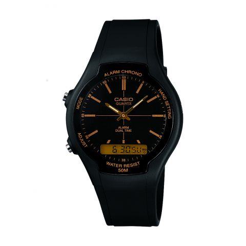 Casio Mens Dual Digital Time Black Dial Black Rubber Strap Watch - AW-90H-9EVEF