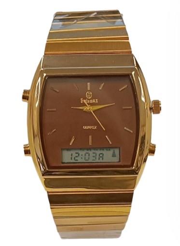 Swismax Ladies Duel Time Water Resistant Brown Dial Gold Metal Strap Watch