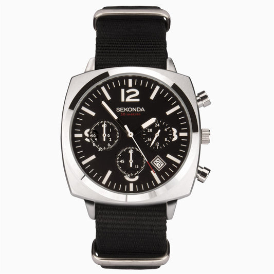 Sekonda Mens Airborne Chronograph Silver Case & Black Canvas Strap with Black Dial 1989