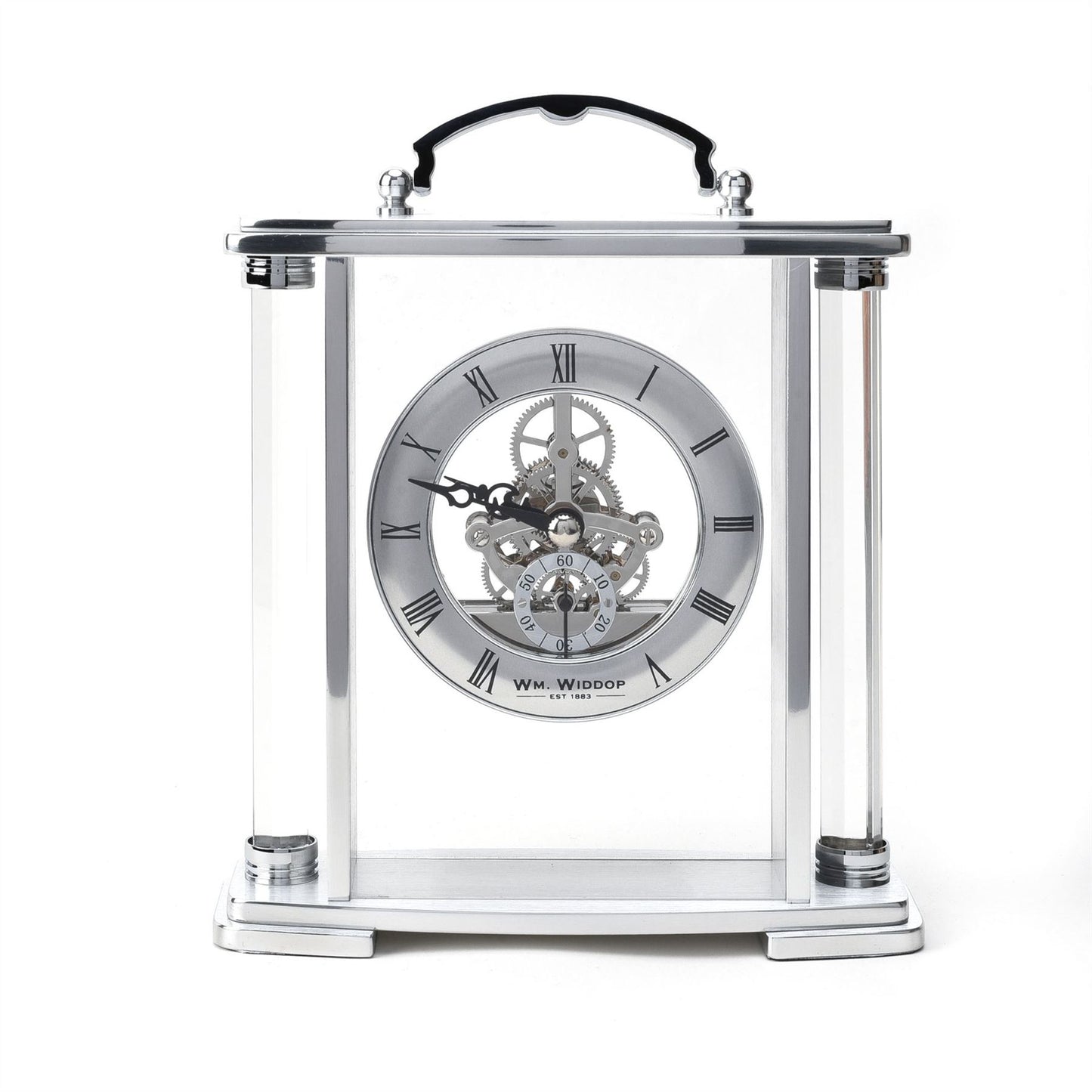 Wm. Widdop Mantel Clock with Handle Skeleton Movement W2918-19 Available Multiple Colour