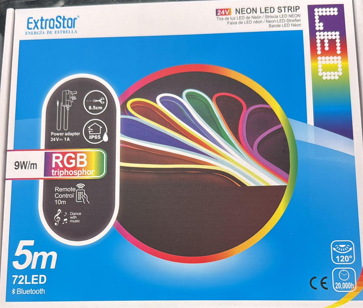 ExtraStar Neon LED Strip 5M Cable with Power Adapter and
Remote Control, 9W/M, RGB