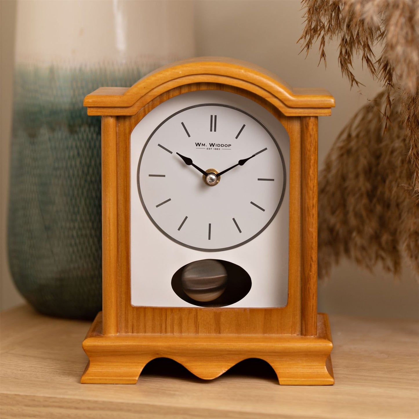 Wm.Widdop Broken Arch Pendulum Mantel Clock Oak Effect