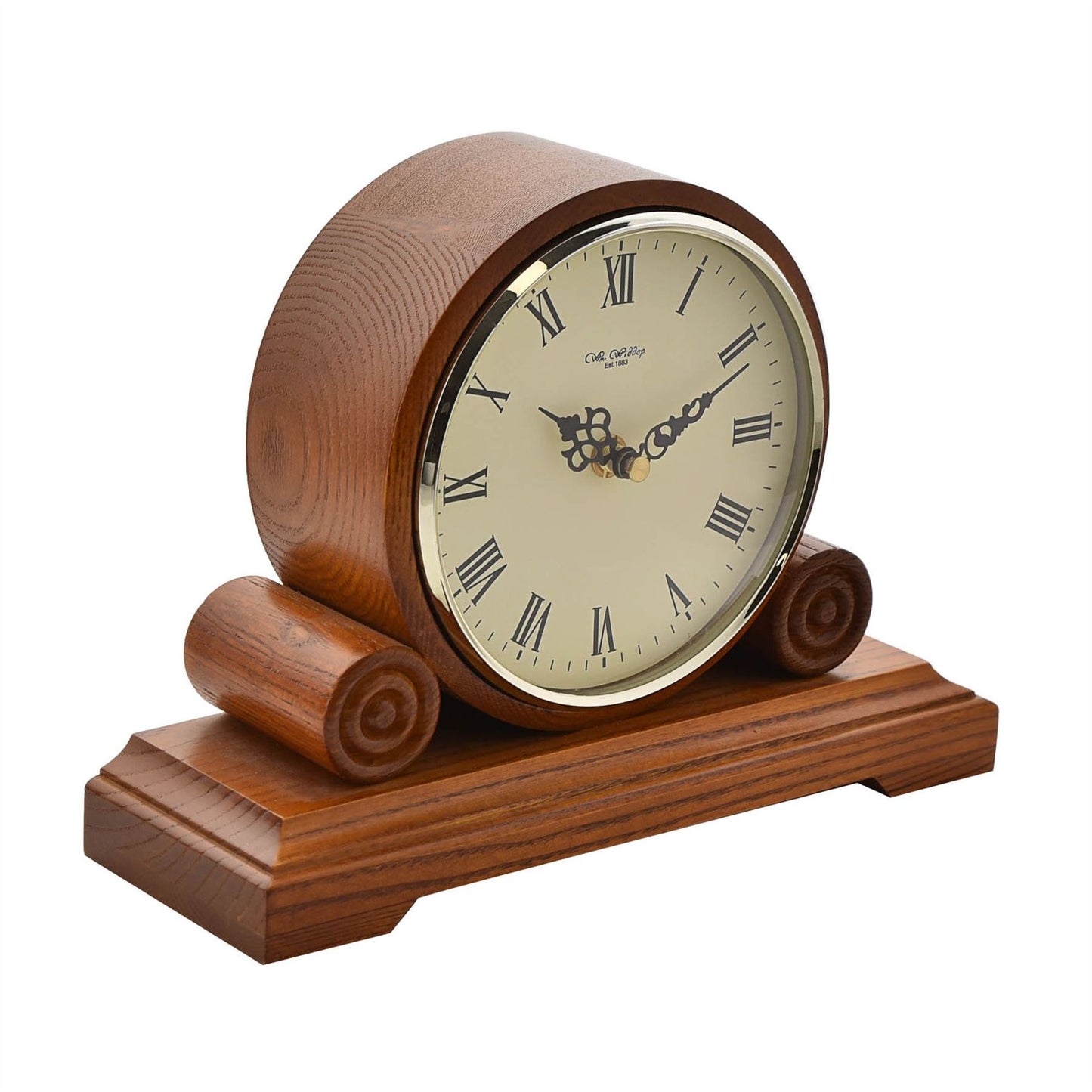 Wm.Widdop Qtz Mantel Clock Round Double Scroll - Walnut