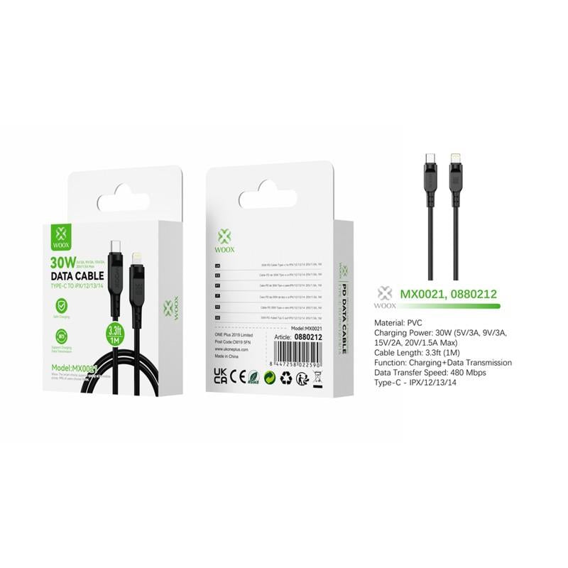 Woox MX0021 Type C to Lightning PVC Data Cable, 30W, 3.3ft 1m, Black