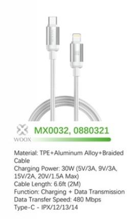 Woox MX0032 Type C to Lightning Braided Data Cable, 30W - 5V/3A, 9V/3A, 15V/2A, 20V/1.5A Max, 6.6ft 2m, White