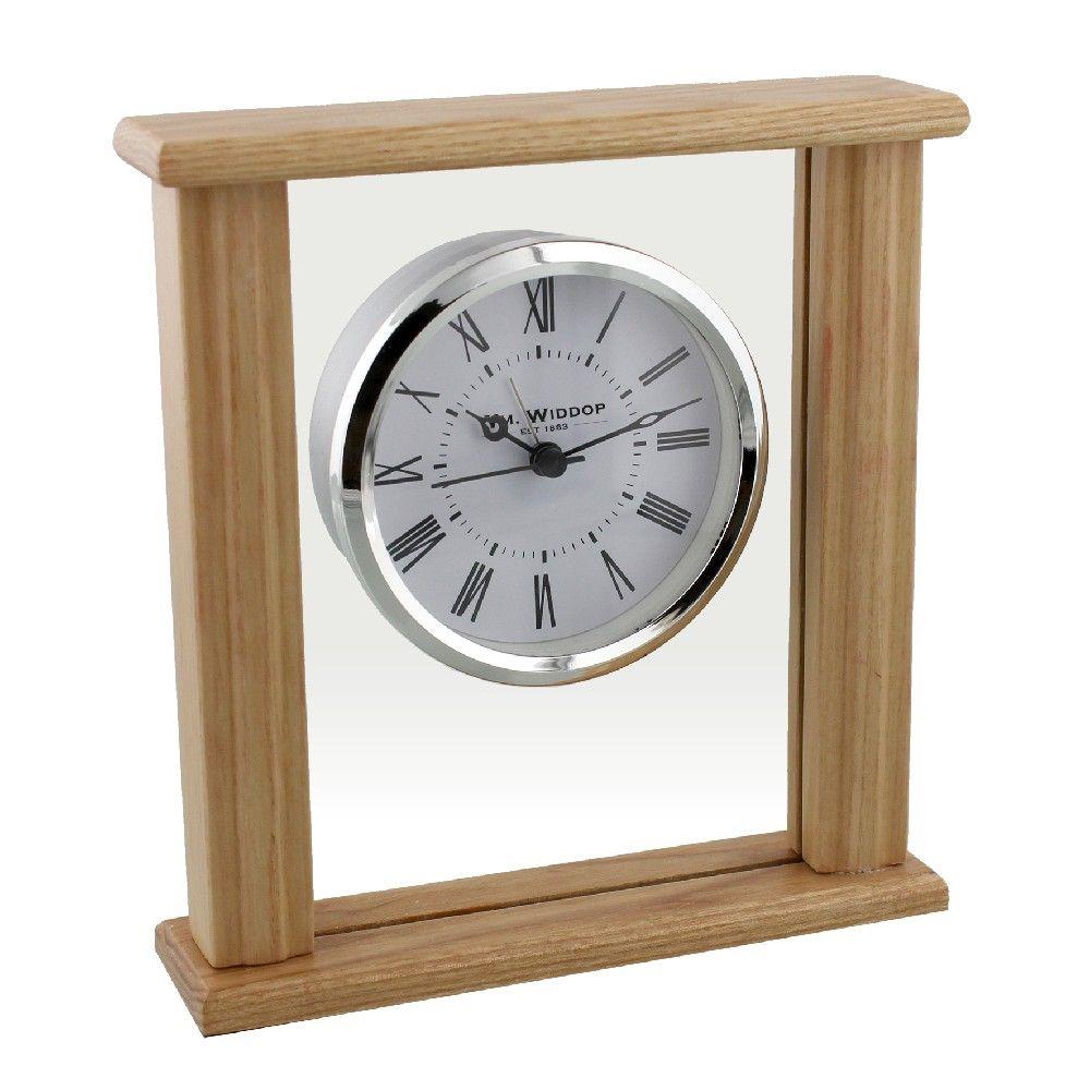 Wm.Widdop Wood & Glass Mantel Clock Roman Dial Silver Bezel W2771