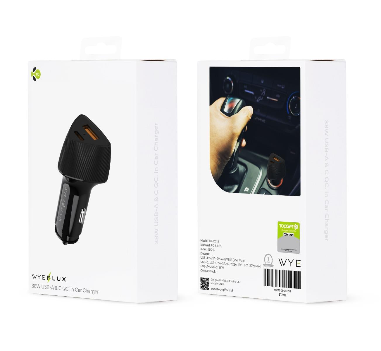 WYEFLUX 38W USB-A & C QC. In Car Charger
