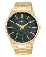 Lorus Mens Basic Fashion Date Black Dial Gold Plated Stainless Steel Bracelet Watch RH934QX9