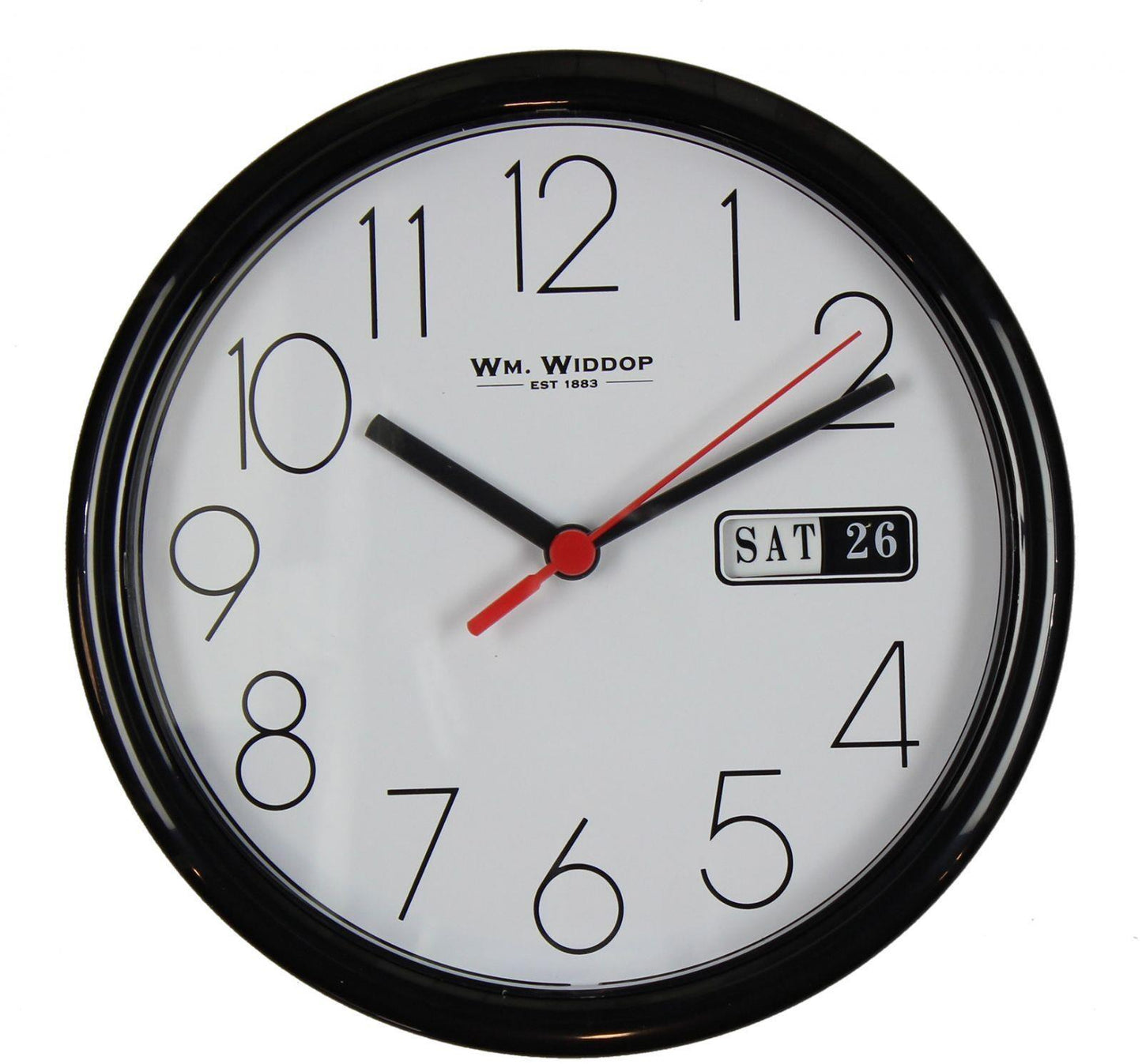 Wm.Widdop Day/Date Wall Clk-Black Case Dial 8.5"Rnd Available Multiple colour