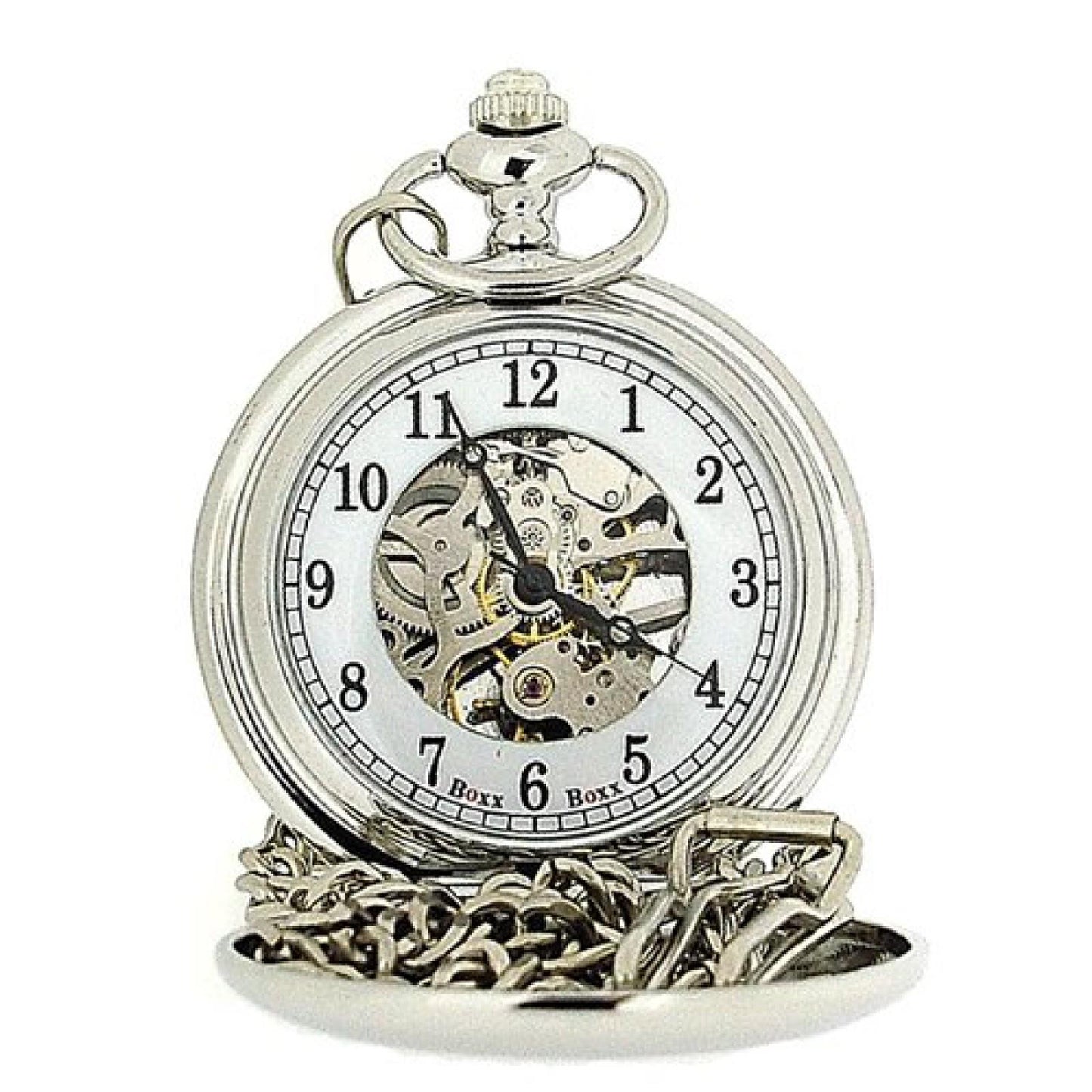 Boxx Mens Multiple Tone Skeleton Mechanical Pocket Watch 12" Chain M5084